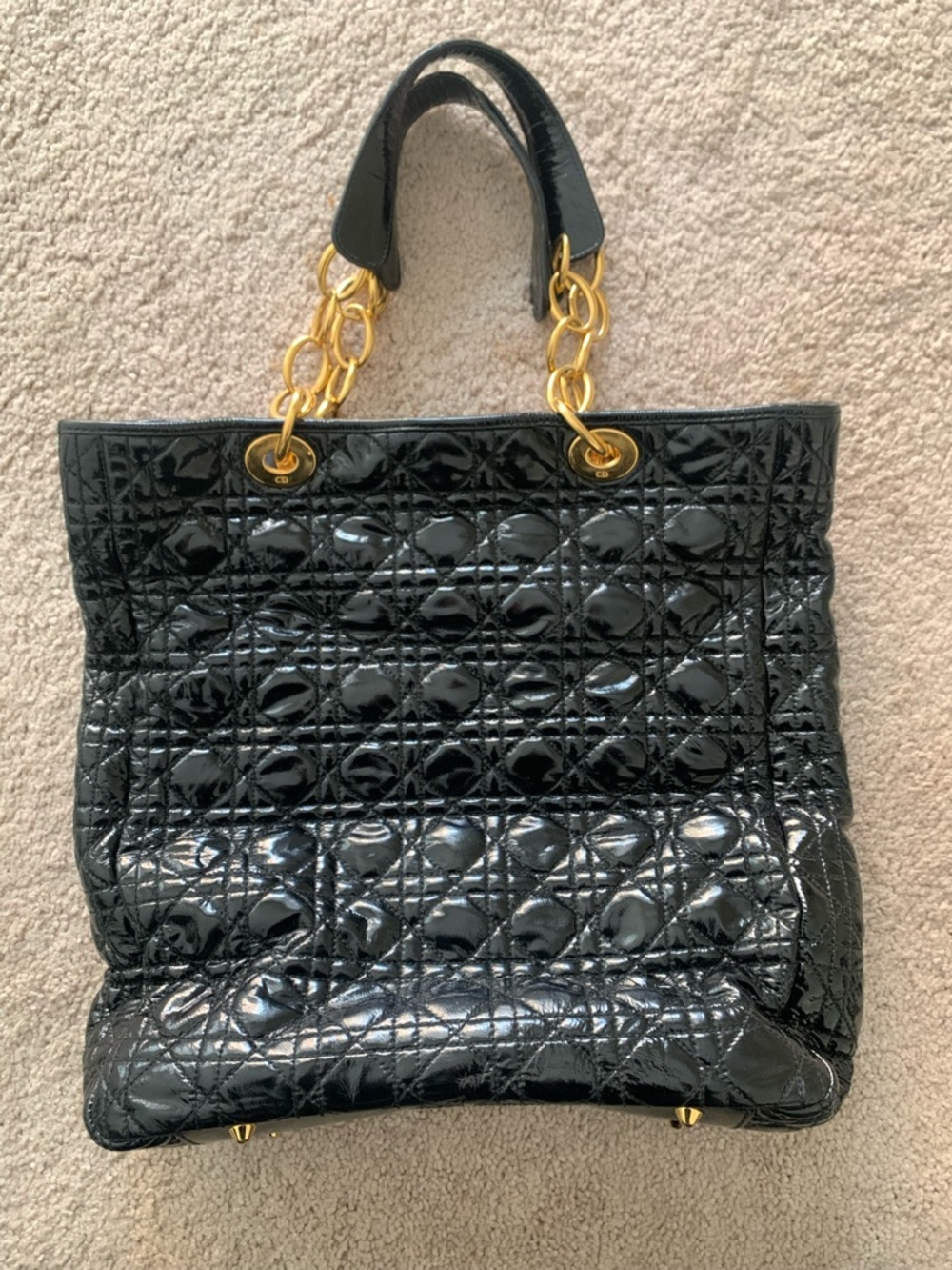 Black Patent Quilted Tote with Gold Charm Accent - Picture 2 of 3